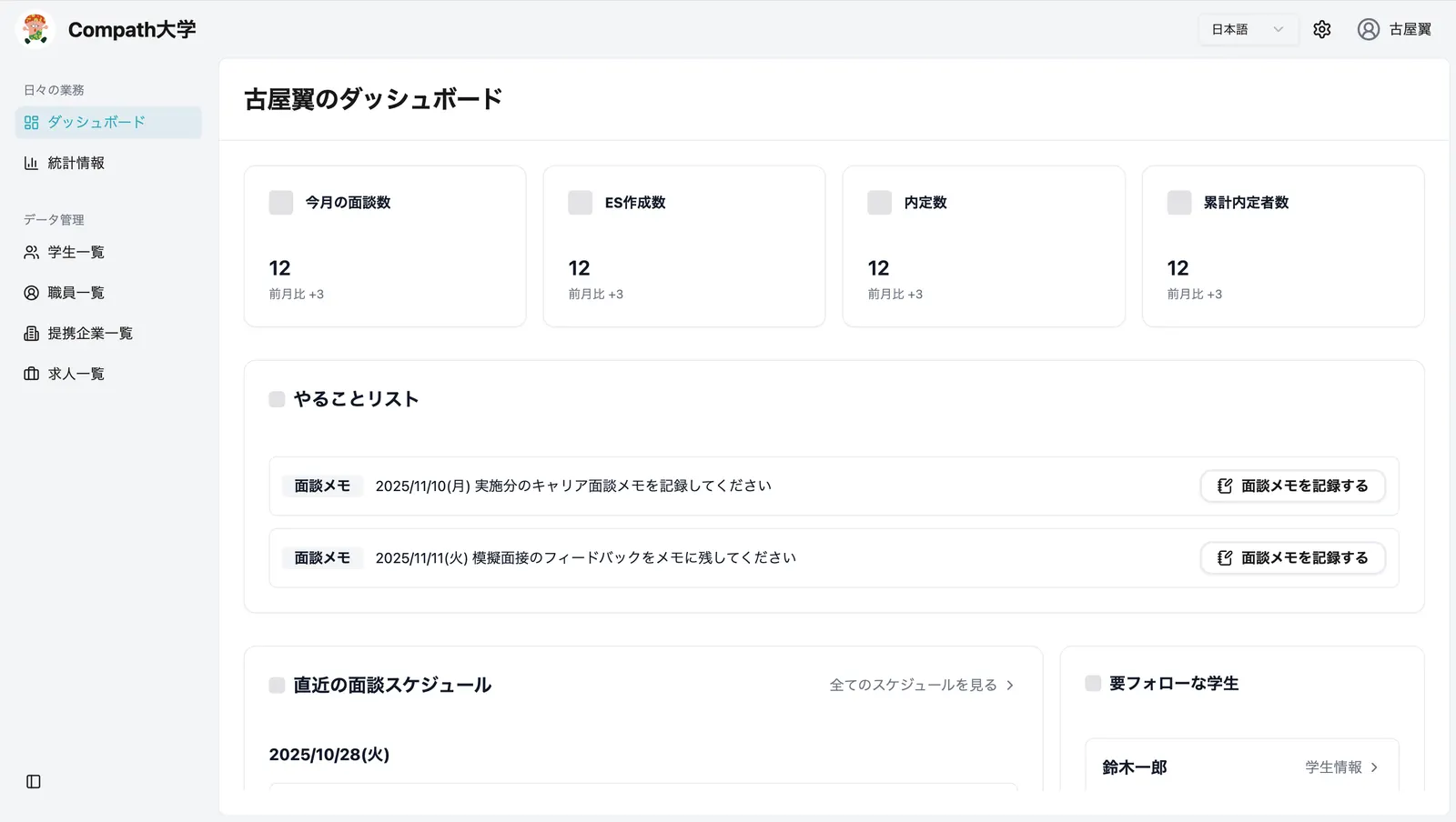 コンパス就活 大学向けダッシュボードの画面